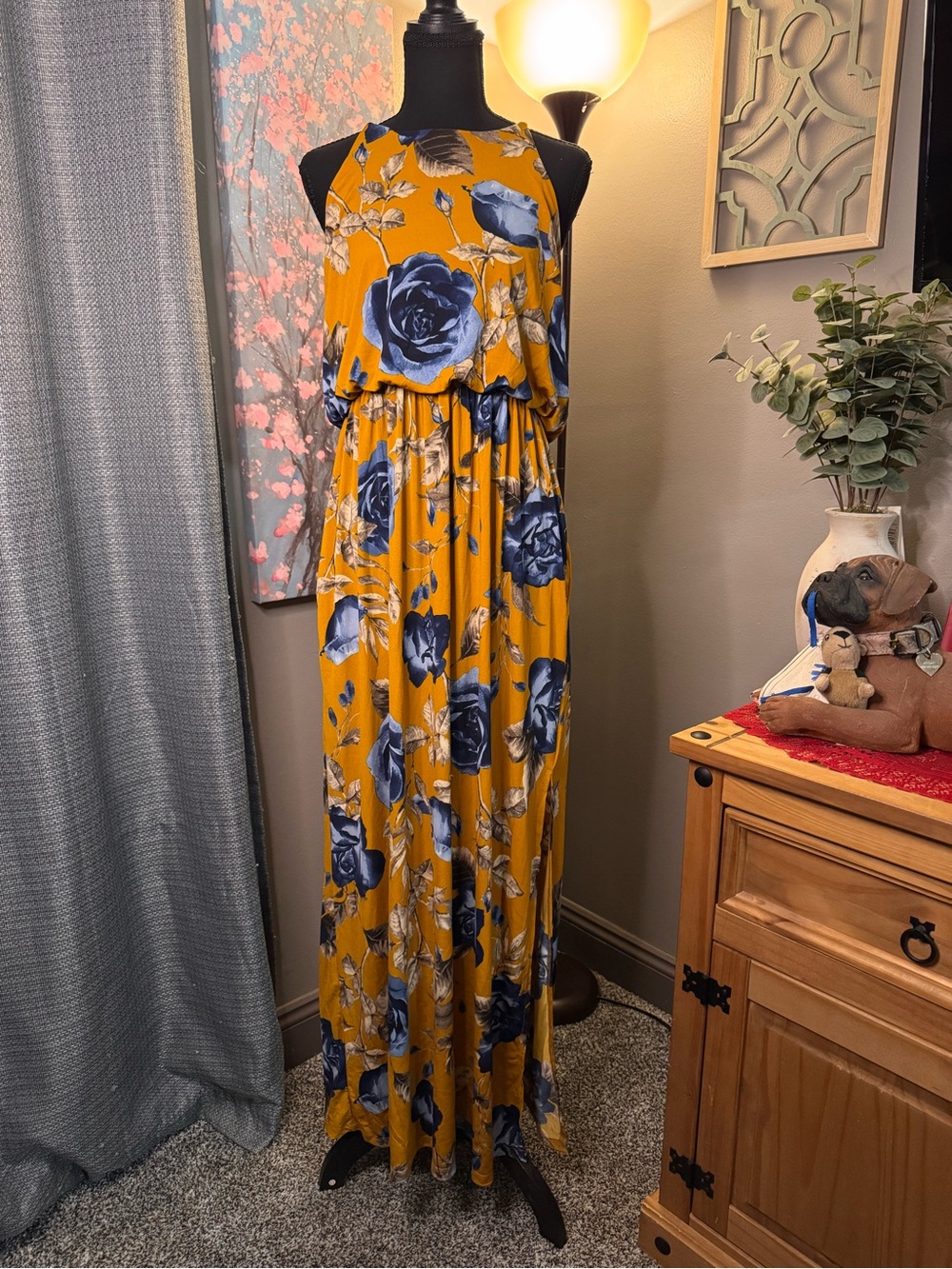 Emerald Mustard Yellow Dress with Blue Floral Detail